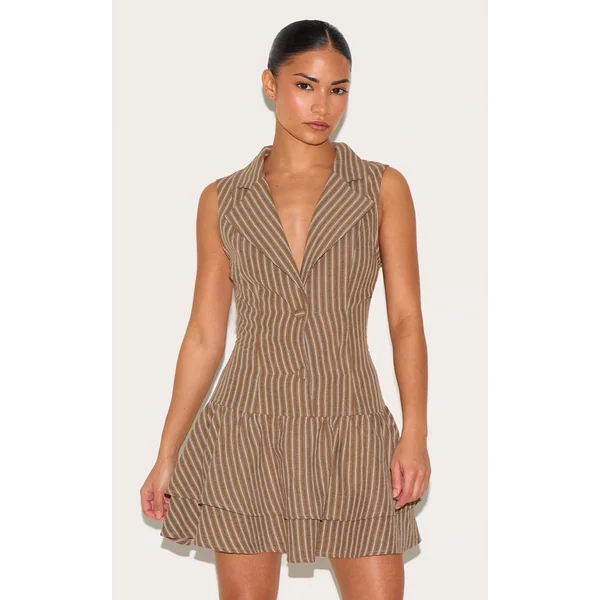 Petite Taupe Striped Button Up Frill Dress
