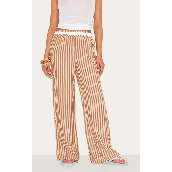 Petite Taupe Striped Wide Leg Linen Pants