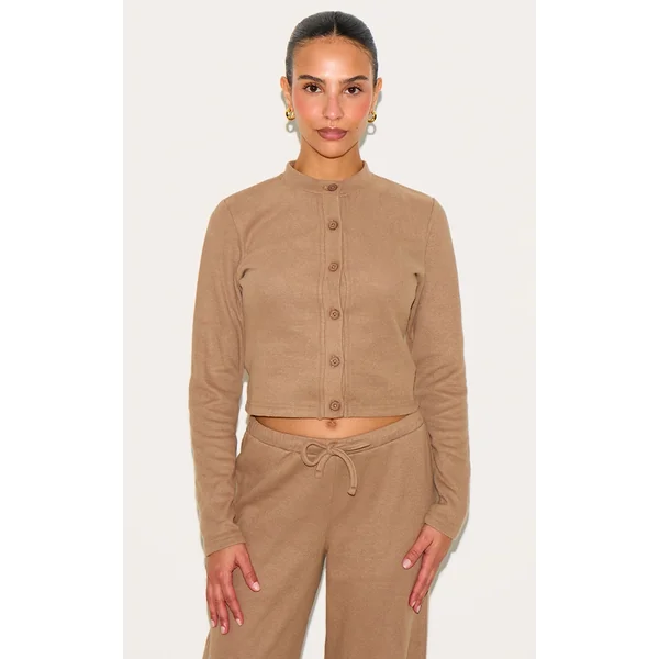 Petite Taupe Super Soft Button Down Long Sleeve Top