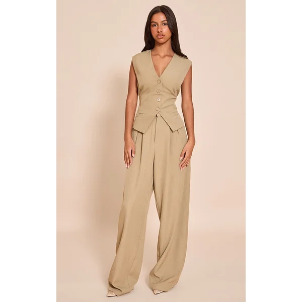 Petite Taupe Tailored High Waist Wide Leg Pants