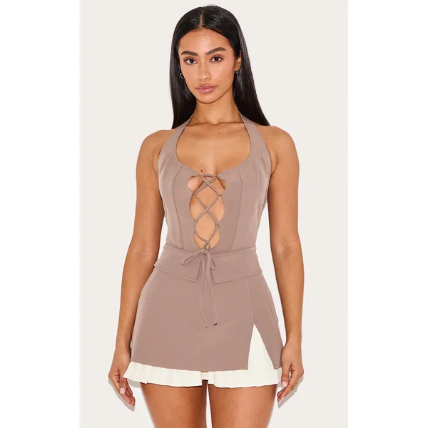 Petite Taupe Woven Lace Up Foldover Detail Mini Dress