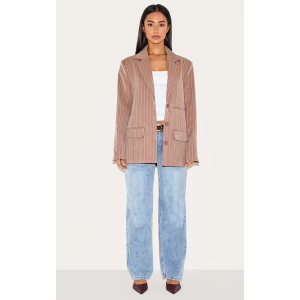 Petite Taupe Woven Pinstripe Oversized Blazer