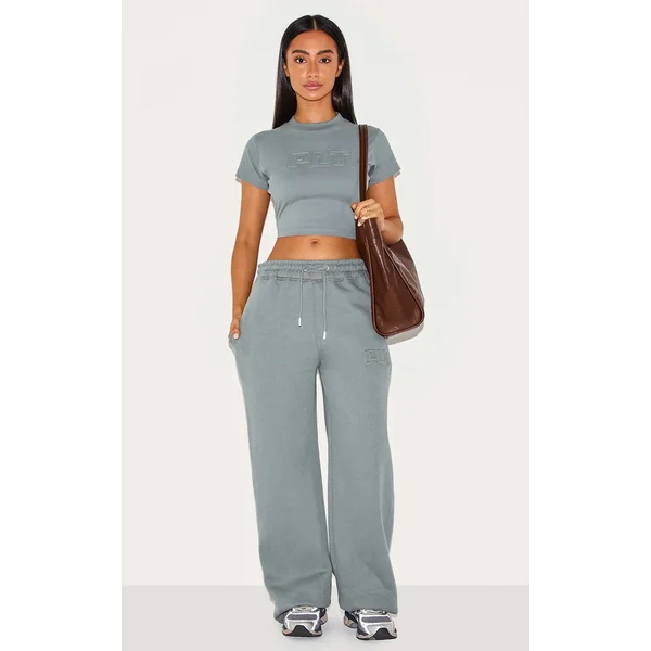 Petite Teal Plt Embossed Wide Leg Sweatpants