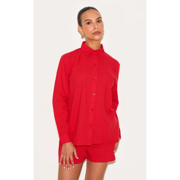 Petite Tomato Red Linen Look Button Up Shirt