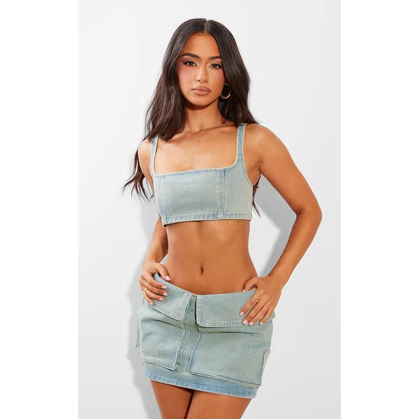 Petite Vintage Wash Denim Square Neck Extreme Crop Top