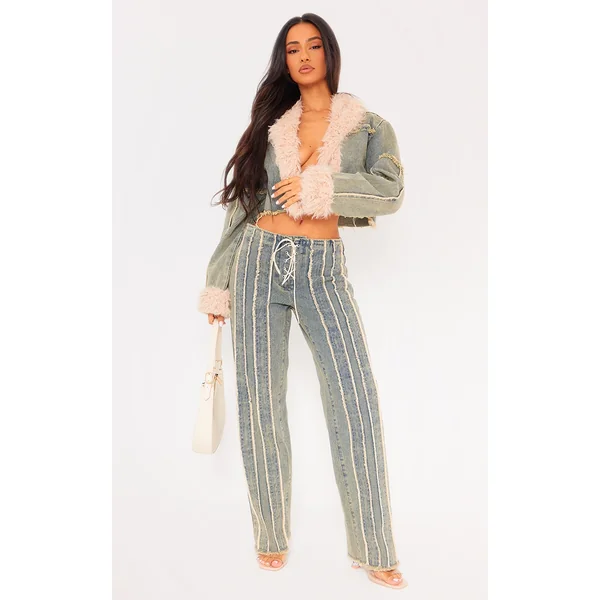 Petite Vintage Wash Fray Detail Lace Up Straight Leg Jeans