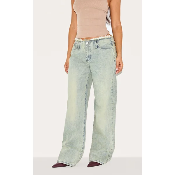 Petite Vintage Wash Fray Waist Low Rise Straight Leg Jeans
