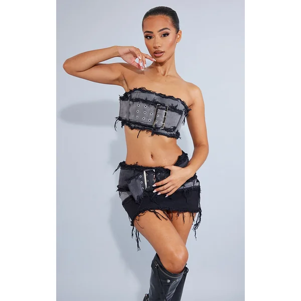 Petite Washed Black Belted Denim Bandeau Top