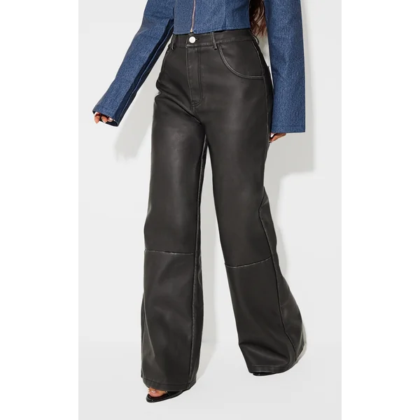 Petite Washed Black Faux Leather Wide Leg Pants