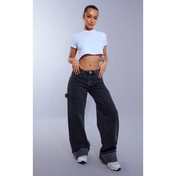 Petite Washed Black Wide Leg Jeans With Strap Detail