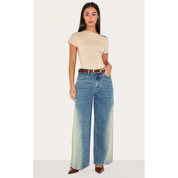 Petite Washed Blue Denim Two Tone Wide Leg Jeans
