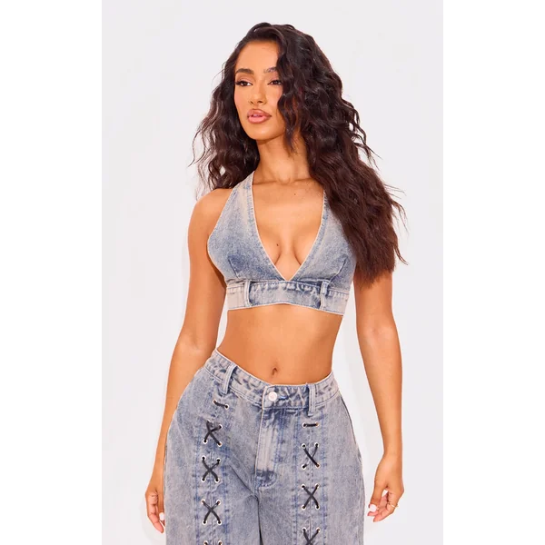 Petite Washed Blue Denim V-neck Bralet
