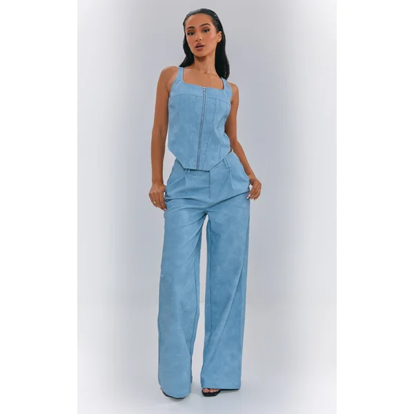 Petite Washed Blue Faux Leather Straight Leg Pants