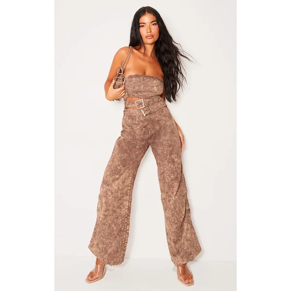 Petite Washed Brown Bandeau Cut Out Front Jumpsuit