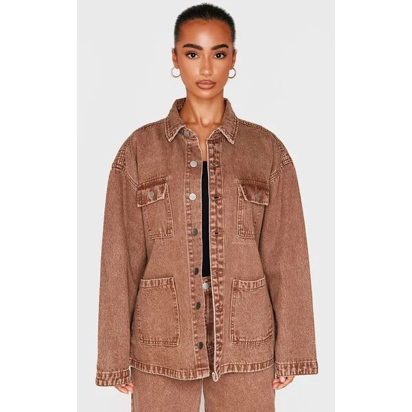 Petite Washed Brown Denim Oversized Long Jacket