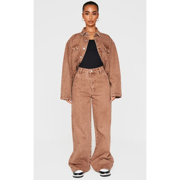 Petite Washed Brown Denim Wide Leg Jeans