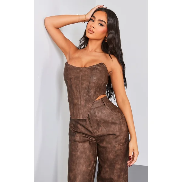 Petite Washed Brown Faux Leather Corset Top