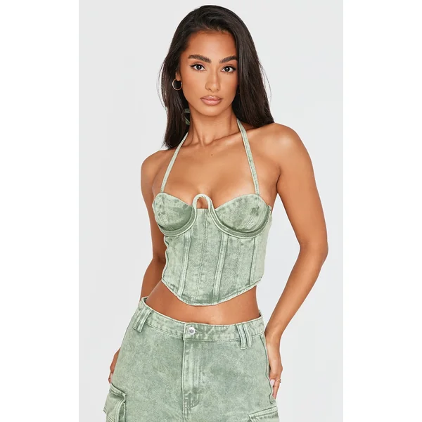 Petite Washed Green Denim Seam Detail Corset