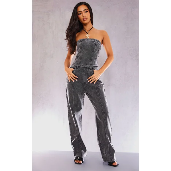 Petite Washed Grey Bandeau Denim Jumpsuit