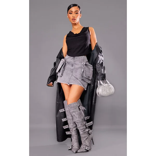 Petite Washed Grey Cargo Pocket Detail Mini Skirt