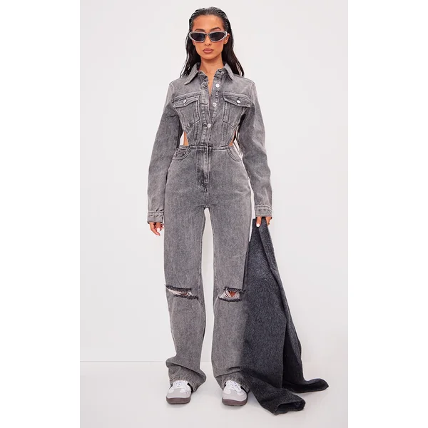 Petite Washed Grey Denim Cut Out Jumpsuit