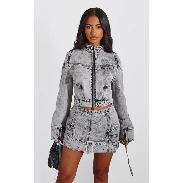 Petite Washed Grey Denim Mini Skirt With Belt Detail