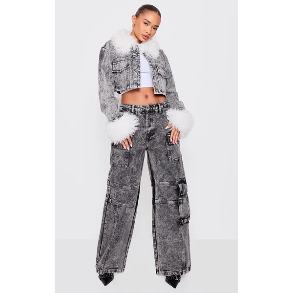 Petite Washed Grey Denim Pocket Detail Jeans