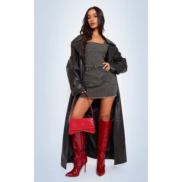 Petite Washed Grey Denim Seam Detail Mini Skirt