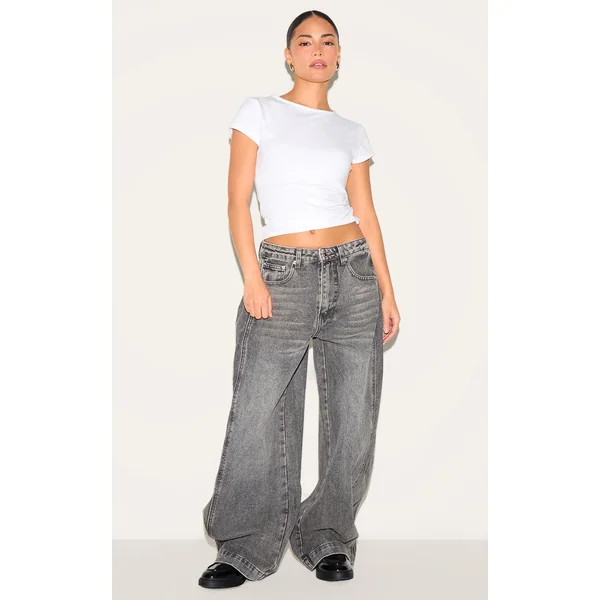 Petite Washed Grey Denim Side Pleated Detail Wide Leg Jeans