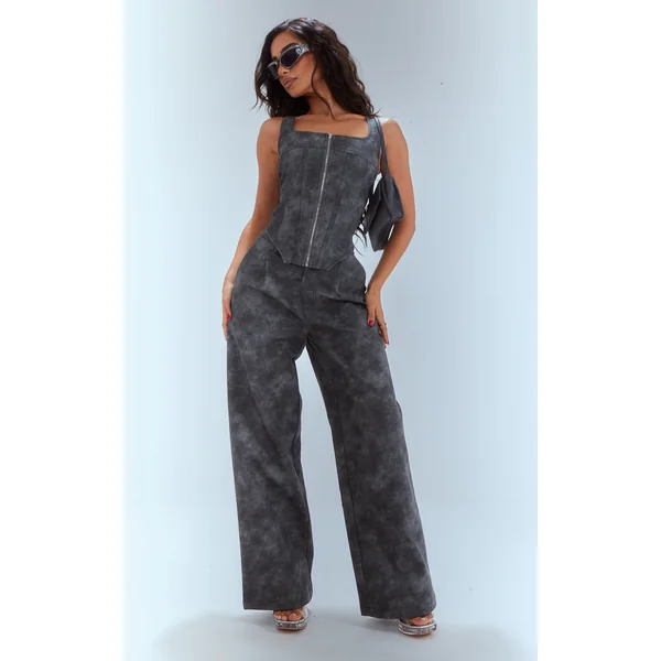 Petite Washed Grey Faux Leather Straight Leg Pants