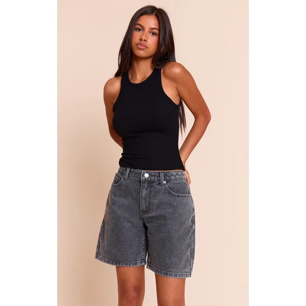 Petite Washed Grey Low Rise Baggy Boyfriend Shorts