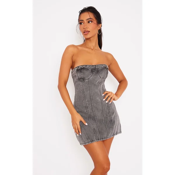 Petite Washed Grey Seam Front Denim Mini Dress