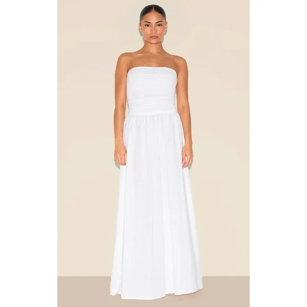Petite White Bandeau Shirred Detail Maxi Dress