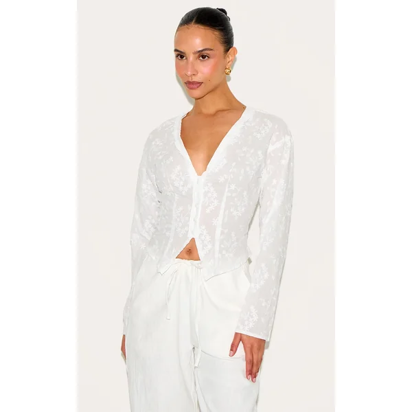 Petite White Broderie Button Up Shirt
