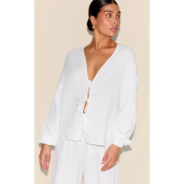 Petite White Cheesecloth Textured Tie Front Shirt
