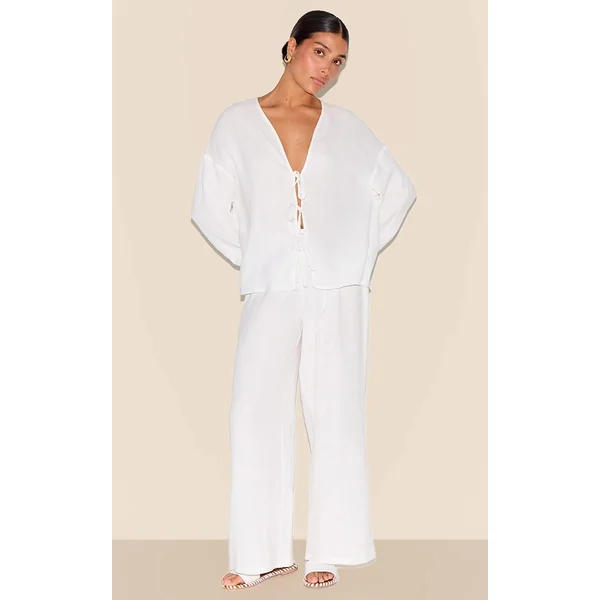 Petite White Cheesecloth Textured Wide Leg Pant