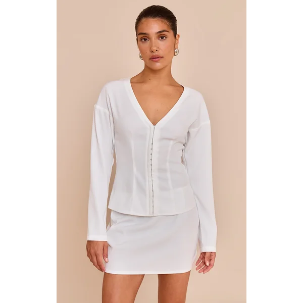 Petite White Collarless Hook And Eye Cinched Waist Long Top