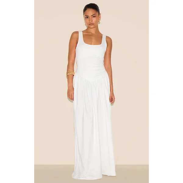 Petite White Contour Jersey Scoop Neck Pleated Maxi Dress