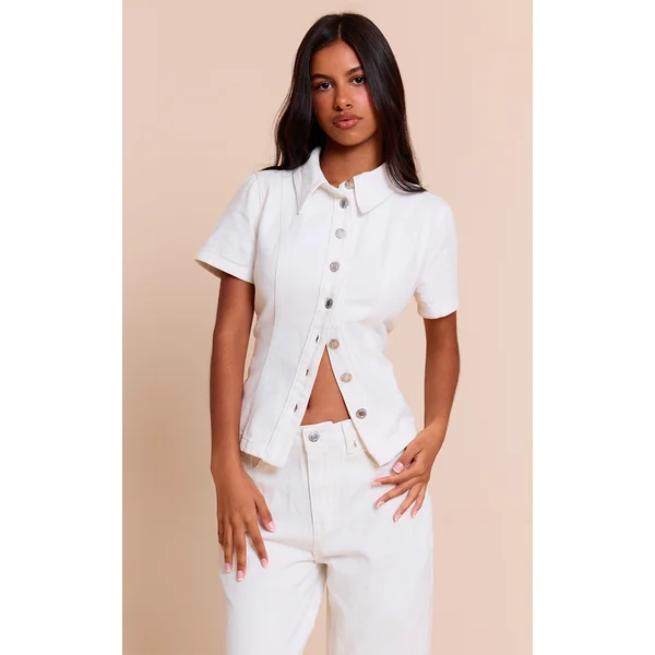 Petite White Denim Button Up Short Sleeve Shirt