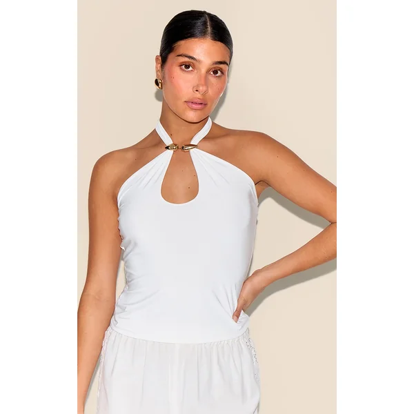 Petite White Double Layer Halterneck Trim Detail Top