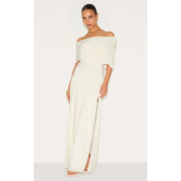 Petite White Double Layer Slinky Bardot One Shoulder Ruched Maxi Dress
