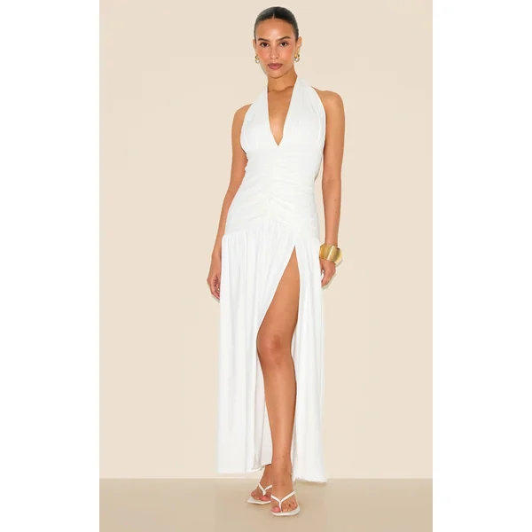 Petite White Double Slinky Halterneck Ruched Maxi Dress