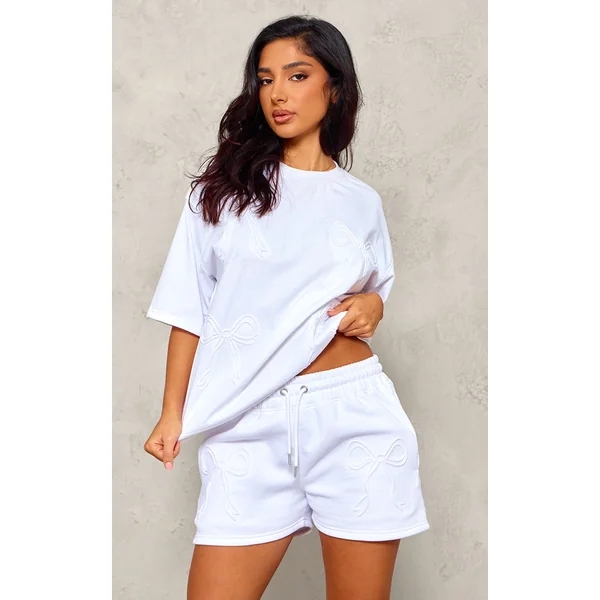 Petite White Embossed Bow Detail Shorts