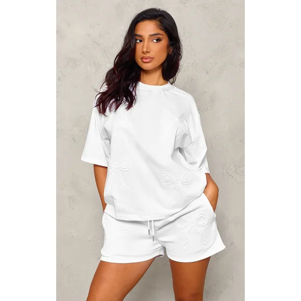 Petite White Embossed Bow Detail T-shirt