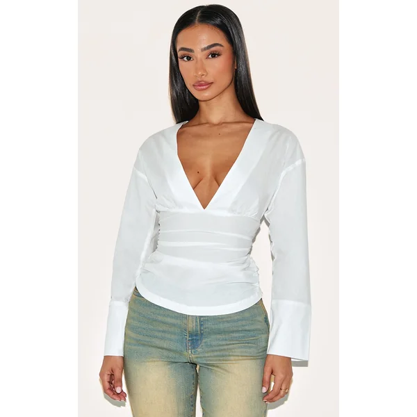 Petite White Fitted Ruched Waist Shirt