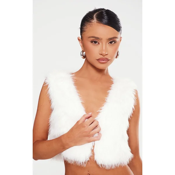 Petite White Fluffy V Neck Crop Top