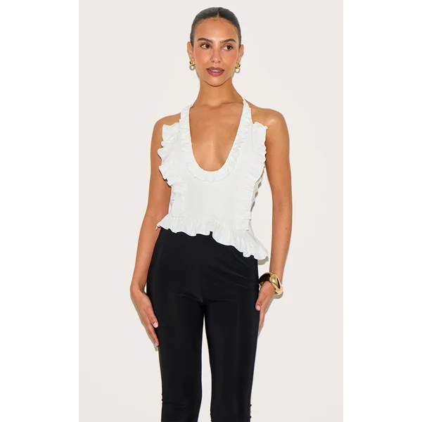 Petite White Frill Halterneck Top