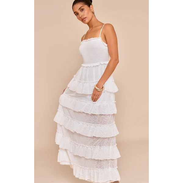 Petite White Frill Textured Tiered Maxi Dress
