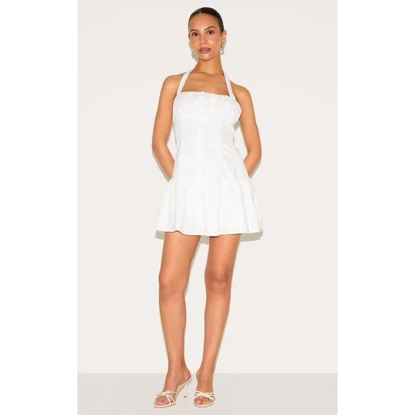Petite White Halterneck Broderie Mini Dress