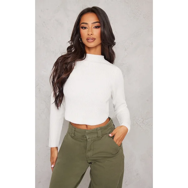 Petite White High Neck Cropped Sweater